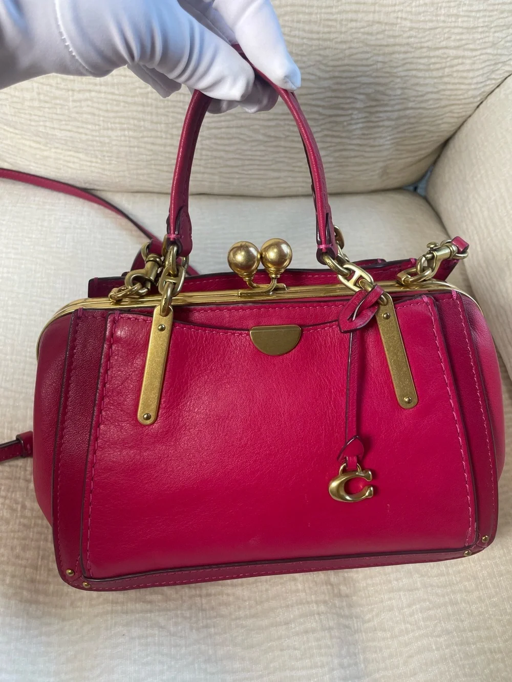 Coach Fuchsia Pebbled Leather Kiss-Lock Satchel with Gold Hardware